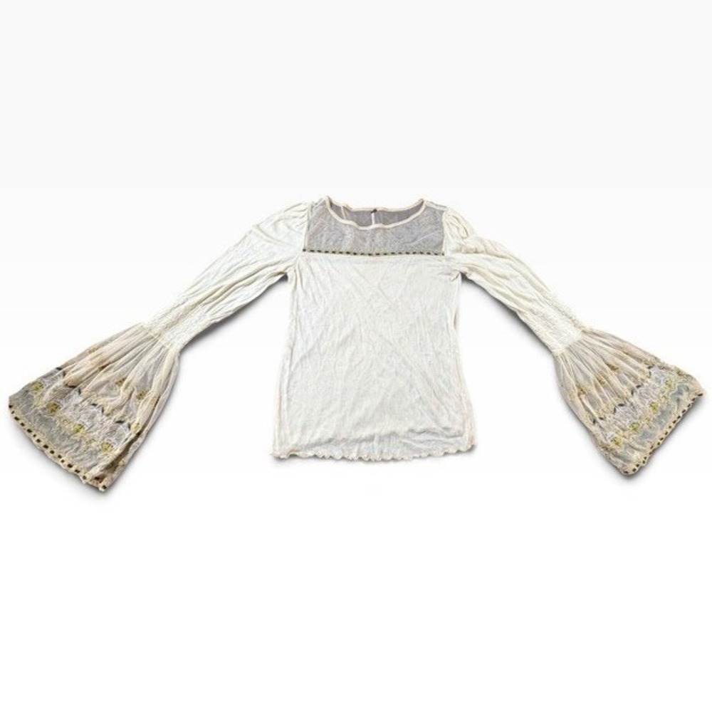 Free People Cream Ribbed Embroidered Mesh Bell Sleeve Boho Top Scoop Neck L